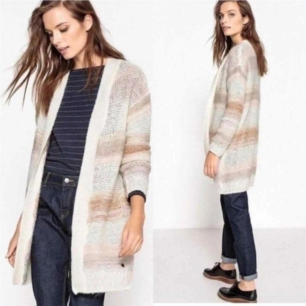 Anthropologie Numph Loraina Open Front Cardigan Stripe Cream Metallic Size Small